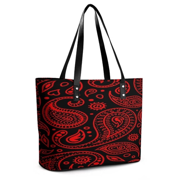 Paisley Pattern Red on Black Background Bandana Woman Leather Handbags Large Tote Bag Fashion Portable Handbags With Zipper