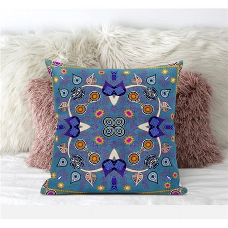 Paisley Pattern Square Indoor/Outdoor Pillow in Hot Muted Blue Gold 26x26