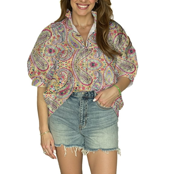 Paisley Pattern Women's Blouse - V-Neck with Puff Sleeves, Short Sleeve Top for Everyday Style, XXS-4XL