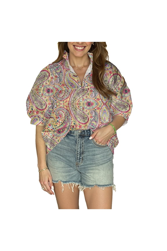 Paisley Pattern Women's Blouse - V-Neck with Puff Sleeves, Short Sleeve Top for Everyday Style, XXS-4XL