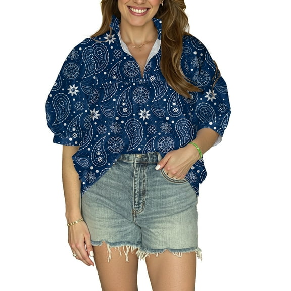 Paisley Pattern Women's Blouse - V-Neck with Puff Sleeves, Short Sleeve Top for Everyday Style, XXS-4XL