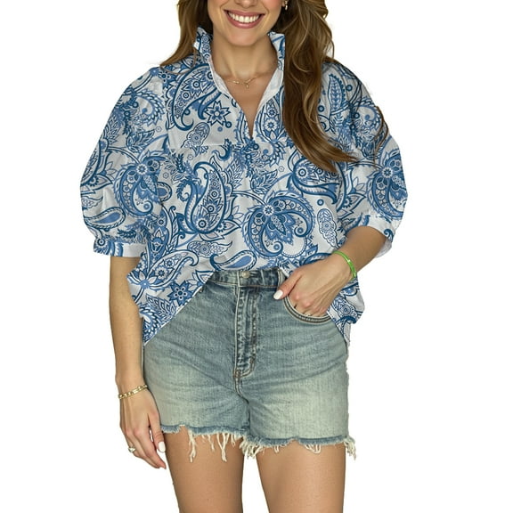 Paisley Pattern Women's Blouse - V-Neck with Puff Sleeves, Short Sleeve Top for Everyday Style, XXS-4XL