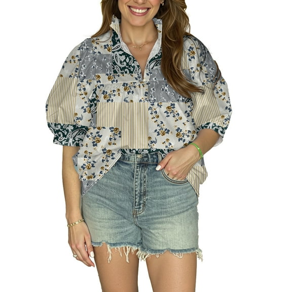 Paisley Pattern Women's Blouse - V-Neck with Puff Sleeves, Short Sleeve Top for Everyday Style, XXS-4XL