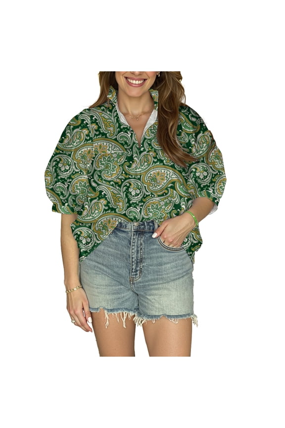 Paisley Pattern Women's Blouse - V-Neck with Puff Sleeves, Short Sleeve Top for Everyday Style, XXS-4XL