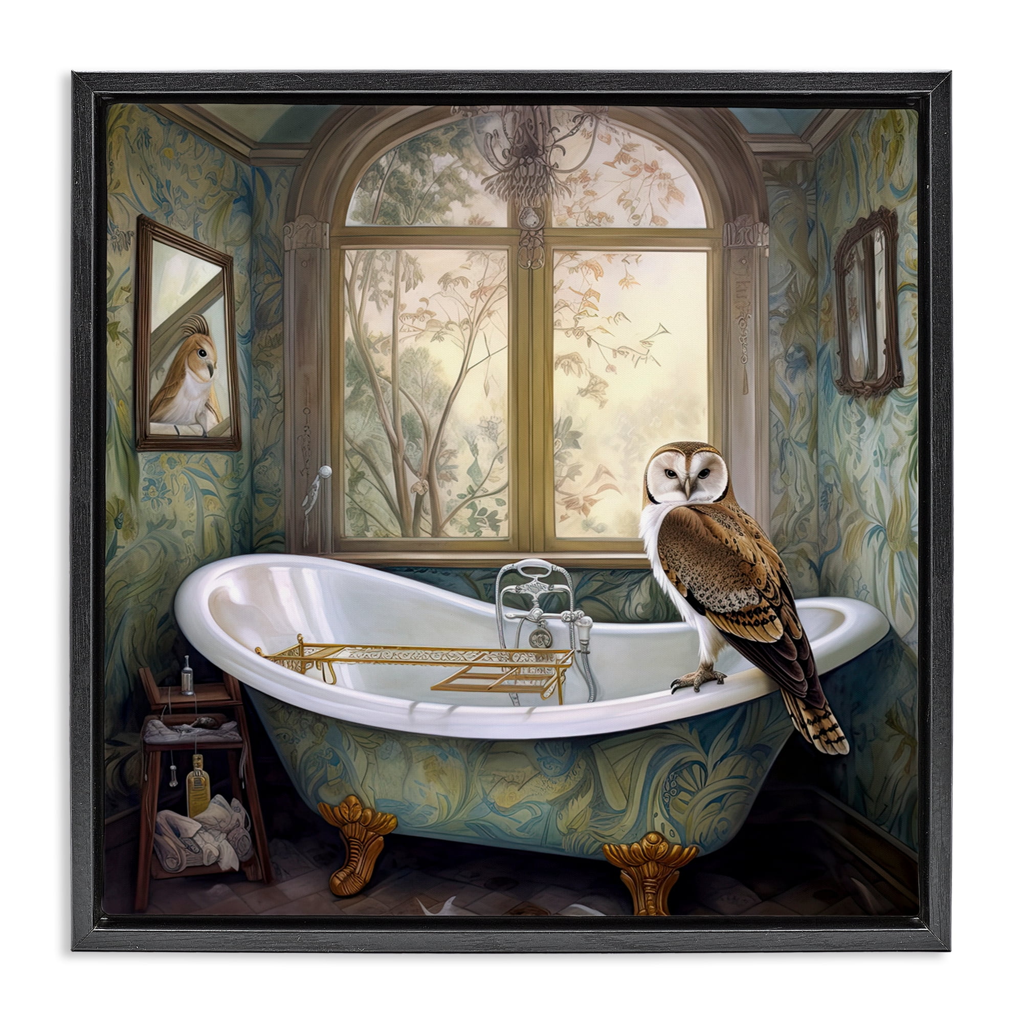 Paisley Patterned Owl Bathtime Black Framed Floater Canvas Wall Art, design by Sasha