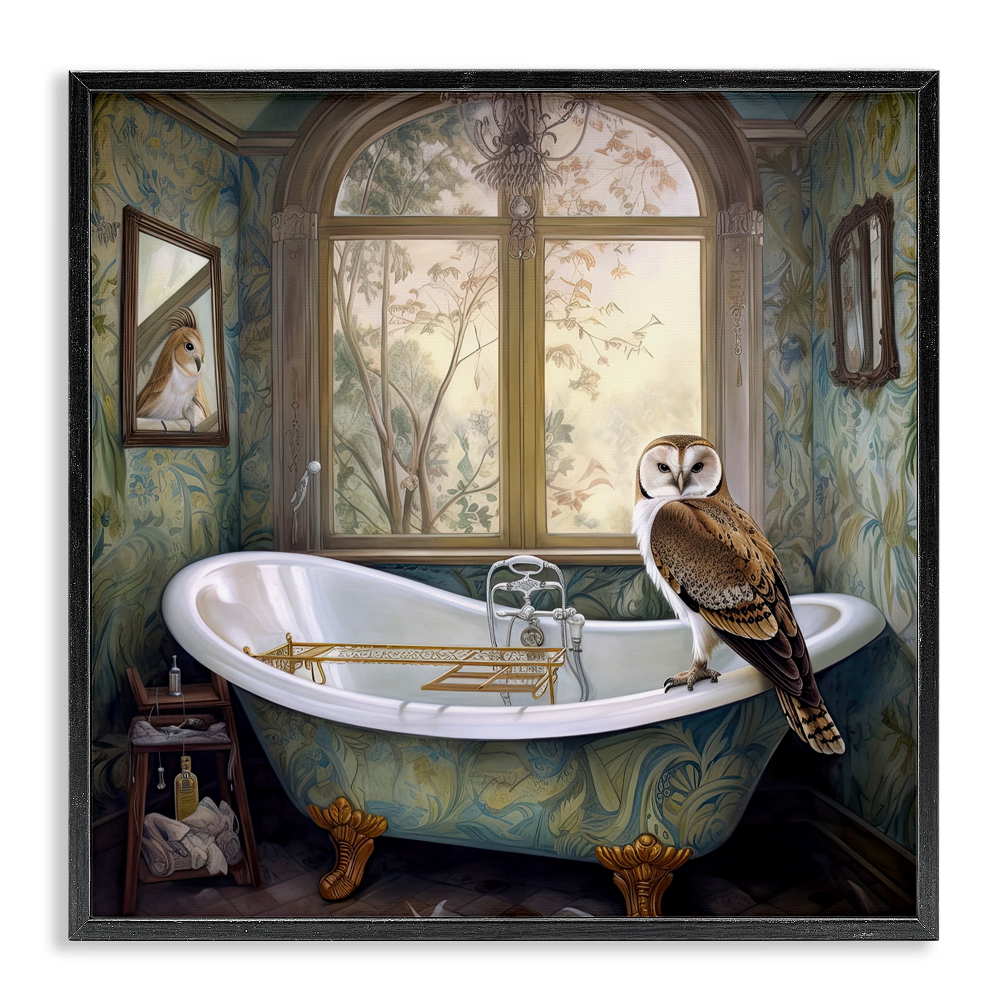 Paisley Patterned Owl Bathtime Black Framed Giclee Art, design by Sasha