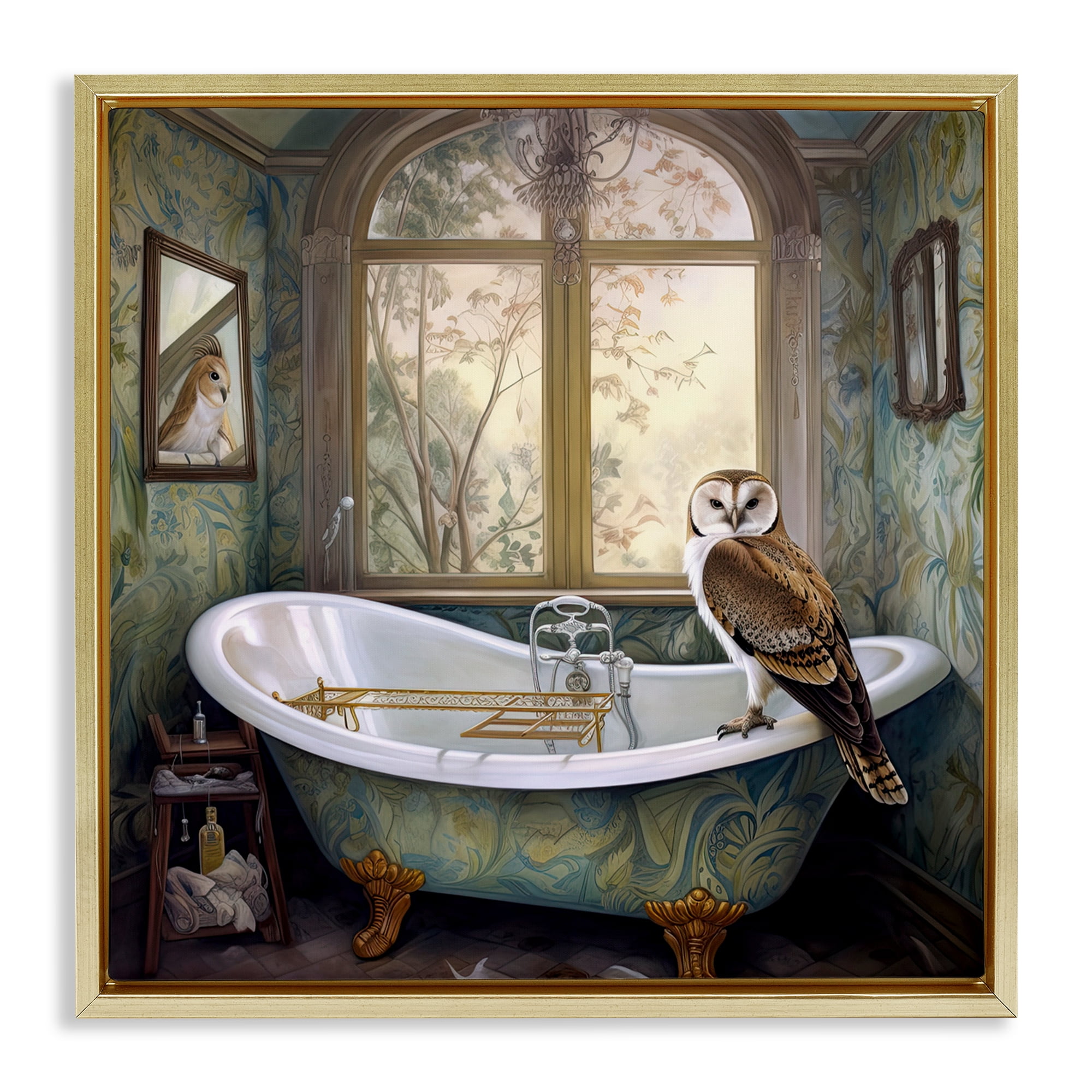 Paisley Patterned Owl Bathtime Gold Framed Floater Canvas Wall Art, design by Sasha