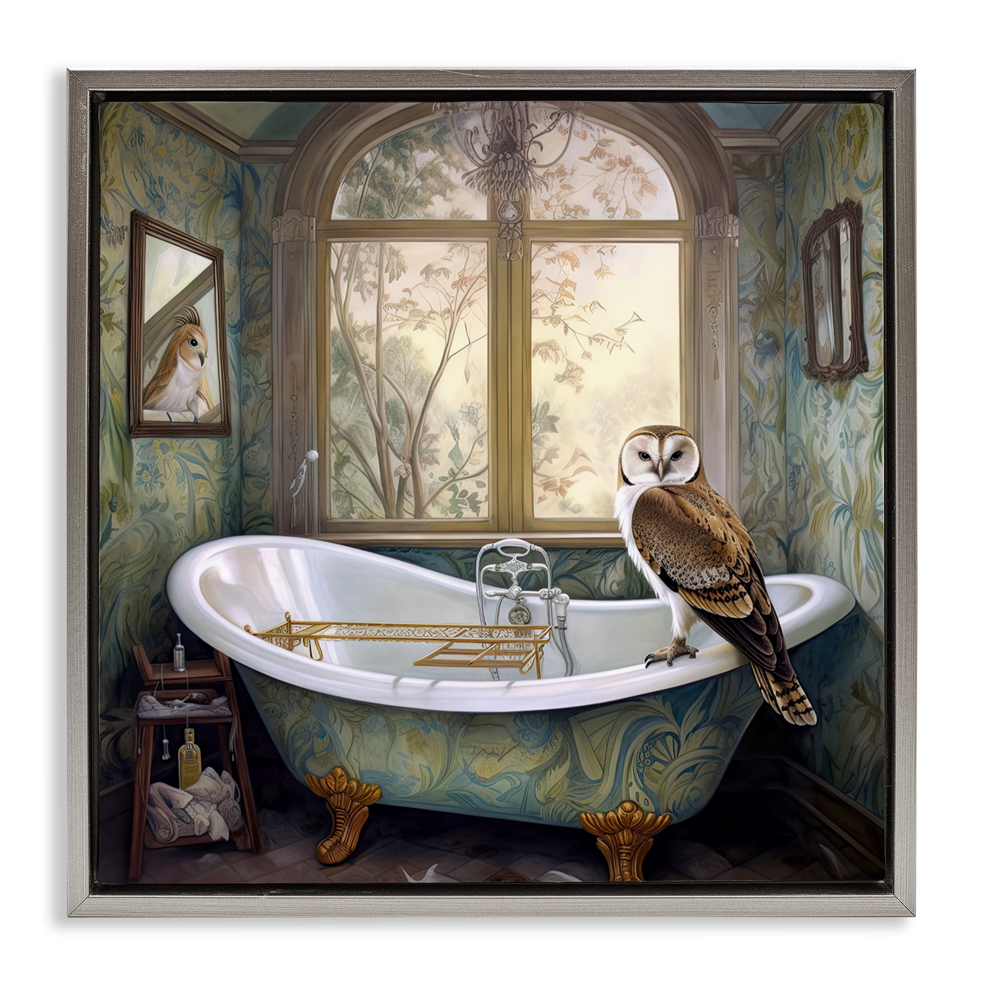 Paisley Patterned Owl Bathtime Gray Framed Floater Canvas Wall Art, design by Sasha
