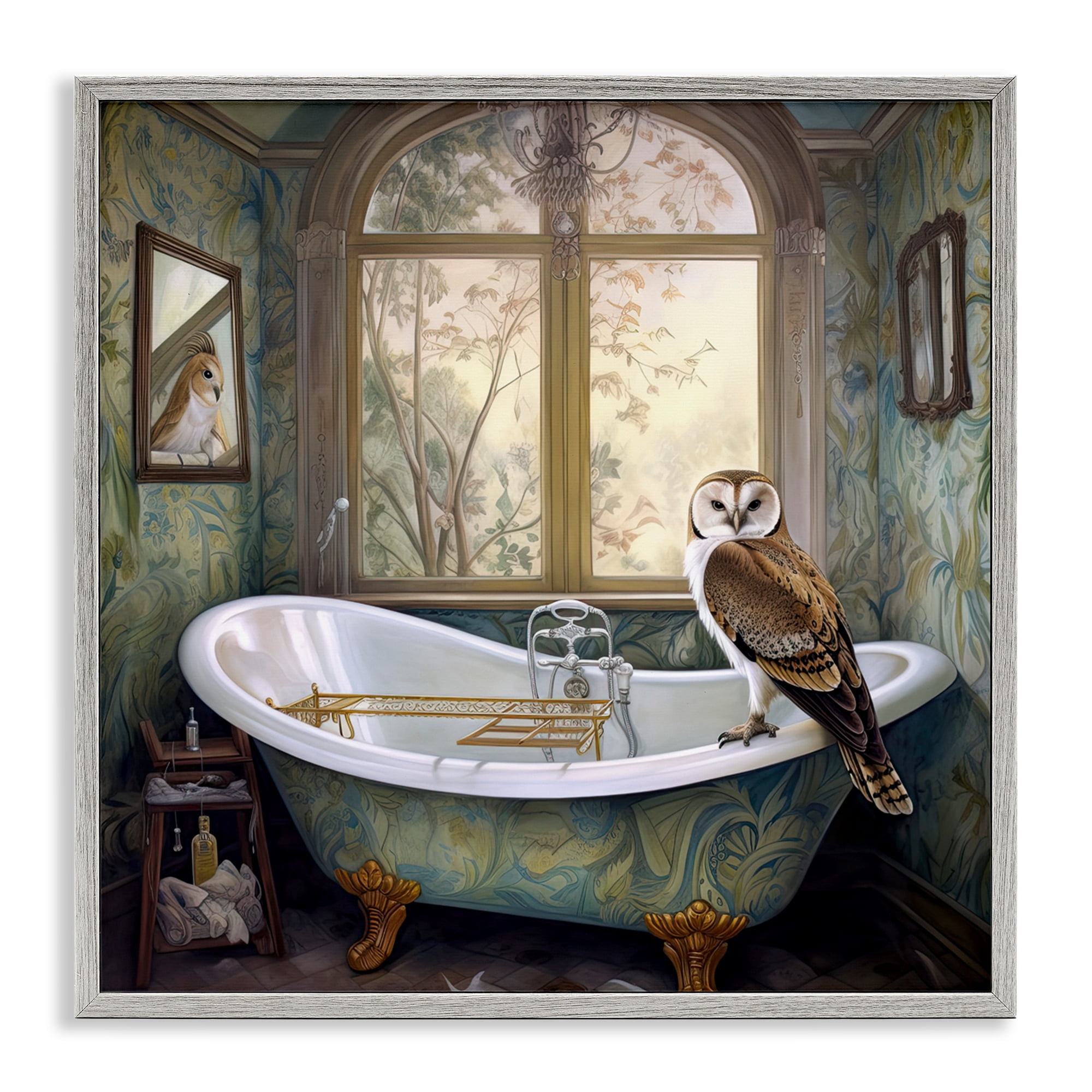 Paisley Patterned Owl Bathtime Gray Framed Giclee Art, design by Sasha
