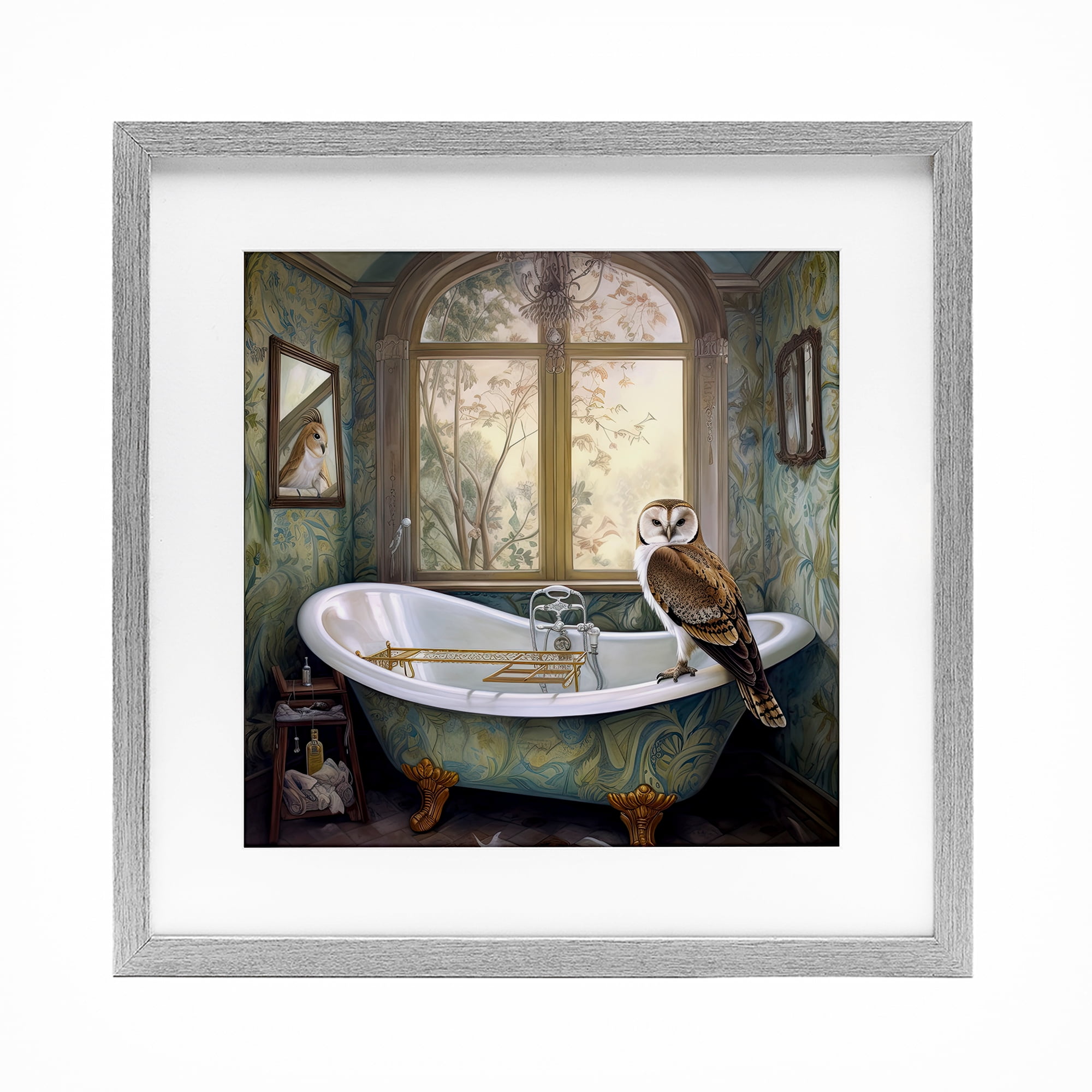 Paisley Patterned Owl Bathtime Gray Framed Print Under Glass, design by Sasha