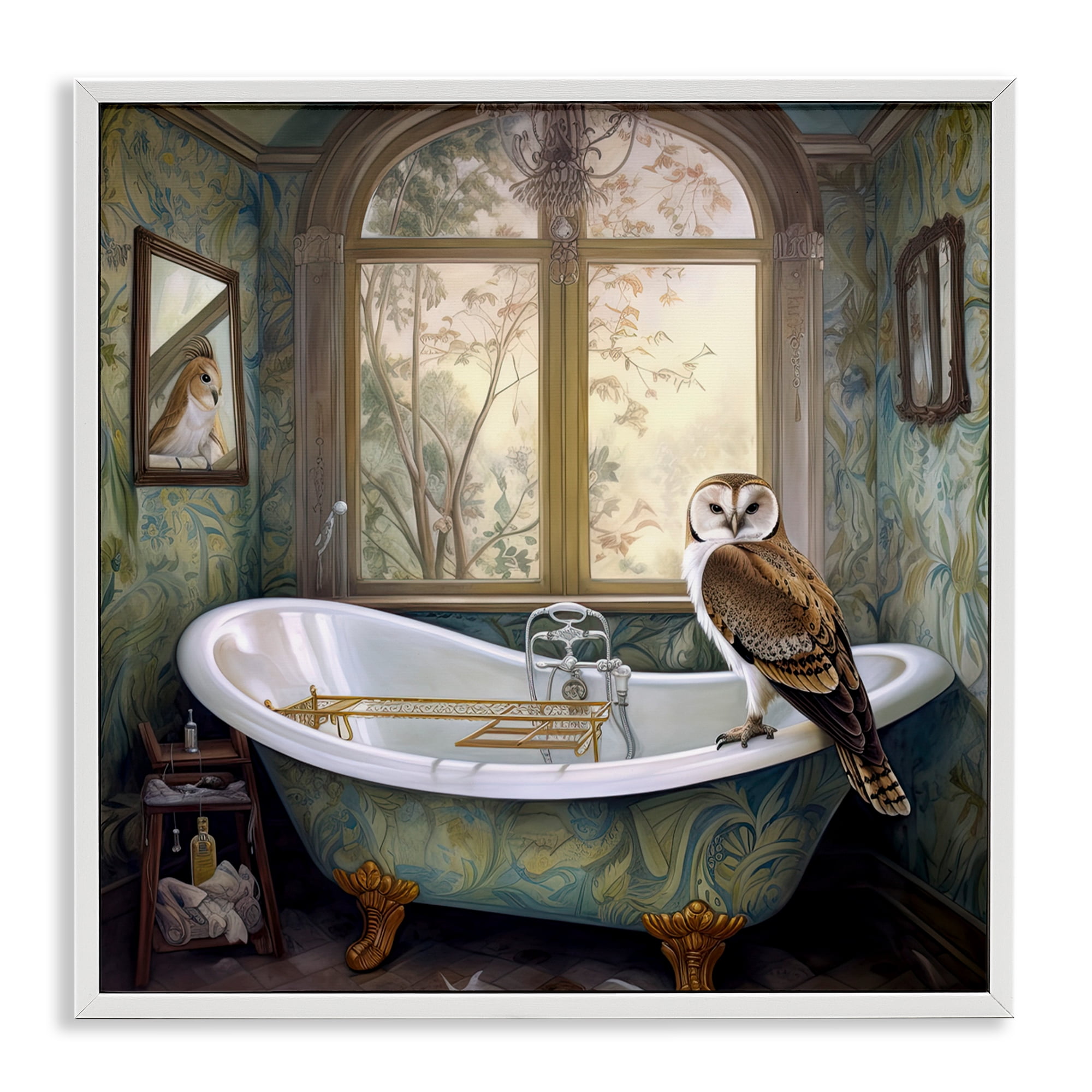 Paisley Patterned Owl Bathtime White Framed Giclee Art, design by Sasha