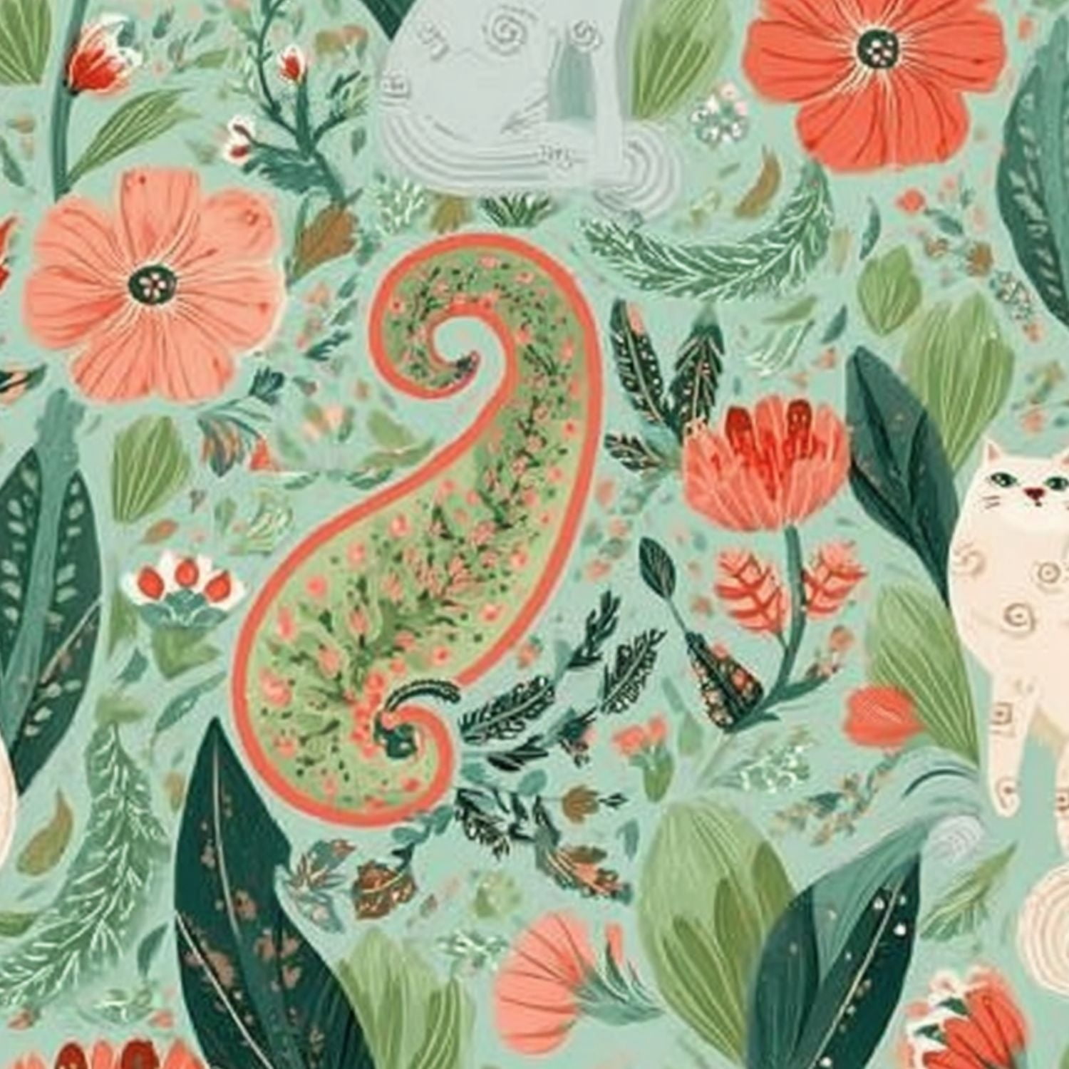 Paisley Peel and Stick Wallpaper 17.7in x 9.8ft Whimsical Cats Floral Botanical Teal Coral Tones Contact Paper Vinyl Waterproof Self Adhesive Wall Paper for Bedroom Shelf Cabinet Renter Friendly