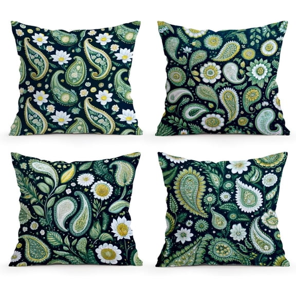Paisley Pillow Covers 18x18 Inch Set of 4, Green Flower Leaves Pillow Cases Decorative Pillow Covers for Cushion Case Home Sofa Decor