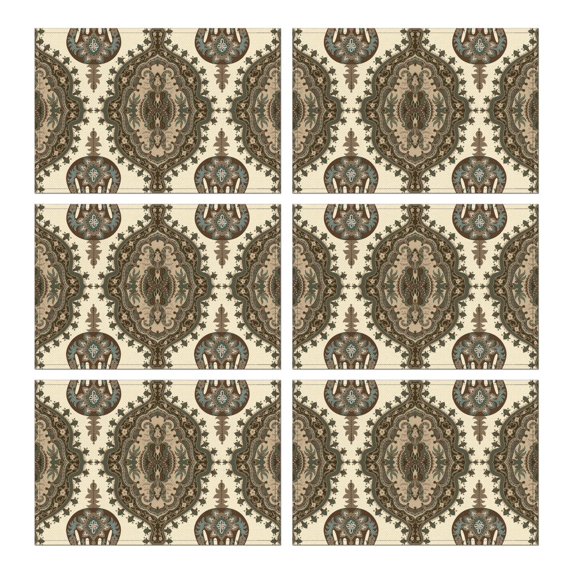 Paisley Placemats Set of 6, Flax Linen Table Mats Featuring Colorful Ethnic Floral and Decorative Boho Mandala Patterns, Heat Resistant and Wrinkle Free