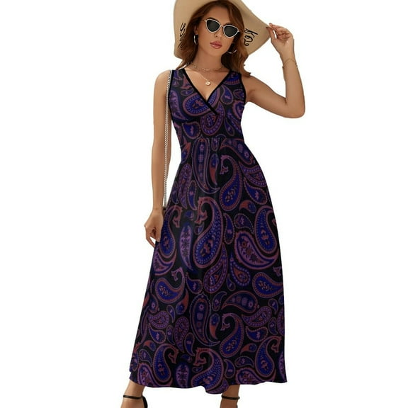 Paisley Print Clouds Indigo Paisley Colors Womens Night Club Maxi Dress V Neck Sleeveless Bohemia Long Dresses