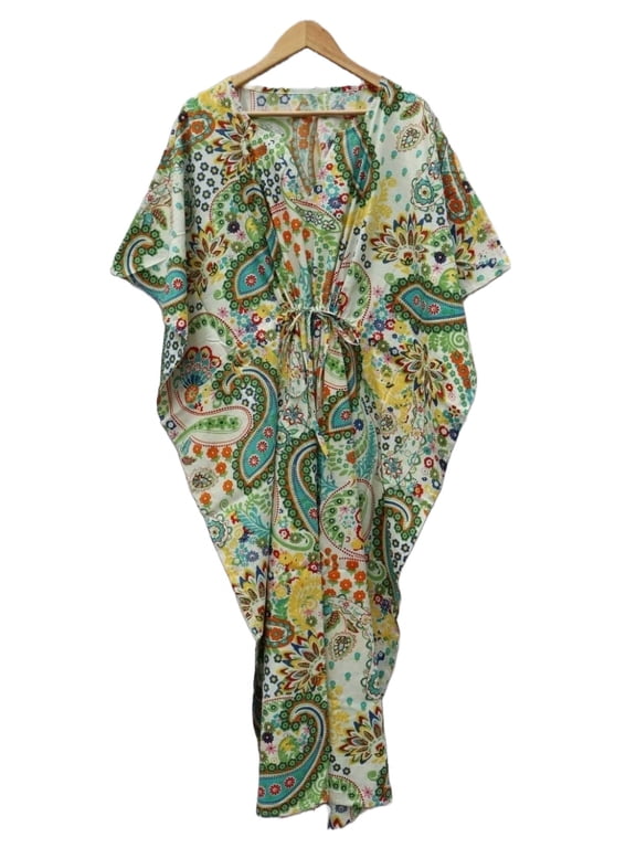 Paisley Print Cotton Fabric Women Kaftan Dress Long Top Caftan, Dress Beach Wear Cover up, Printed Sleepwear Maxi Dress Boho Kimono Robe