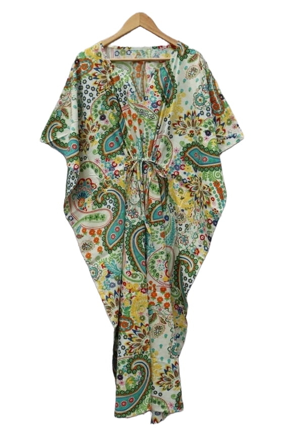Paisley Print Cotton Fabric Women Kaftan Dress Long Top Caftan, Dress Beach Wear Cover up, Printed Sleepwear Maxi Dress Boho Kimono Robe