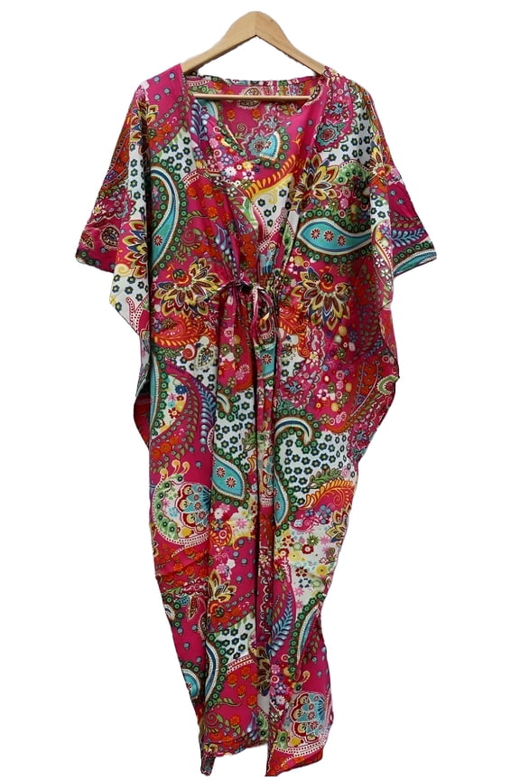 Paisley Print Pink Cotton Fabric Indian Kaftan Dress Long Top Caftan, Dress Beach Wear Cover up, Printed Sleepwear Maxi Dress Boho Kimono Robe