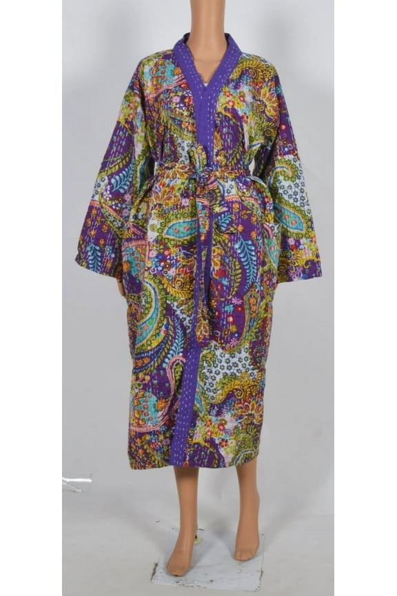 Paisley Print kantha jacket, Indian handmade japanese kimono style kantha robe, Winter jacket, Purple colored tie belt coat
