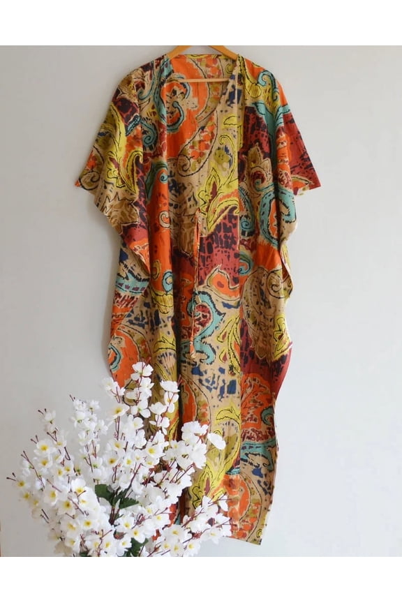 Paisley Printed Cotton Fabric Indian Kaftan Dress Long Top Caftan, Dress Beach Wear Cover up, Printed Sleepwear Maxi Dress Boho Kimono Robe