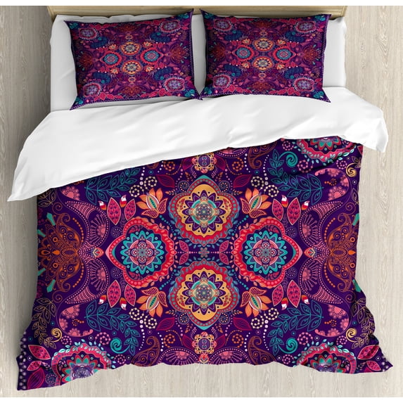 Paisley Queen Size Duvet Cover Set, Modern Classic Ethnic Asian Design with Dots Leaves and Flowers Artistic Print, Decorative 3 Piece Bedding Set with 2 Pillow Shams, Multicolor, by Ambesonne