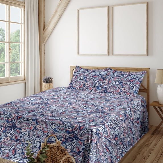 Paisley Sheet Set, Abstract Modern Colorful Design Ethnic Curvy Floral Pattern Print, Fitted & Flat Sheet with Pillowcase Bedding Accent 3 Pcs Set, Twin, Coral and Pale Azure Blue, by Ambesonne