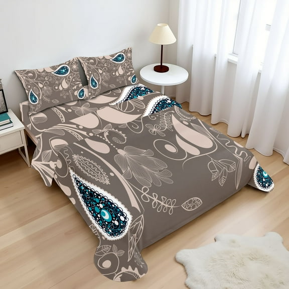 Ambesonne Ethnic Fitted & Top Sheet Set with Shams, Orienta Swirled Branch, Pale Brown Teal