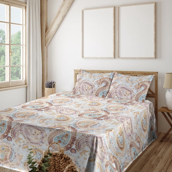 Ambesonne Paisley Fitted & Flat Sheet with Shams 4 Pcs Set, Soft Oriental Floral Design, King, Warm Taupe and Pale Coffee