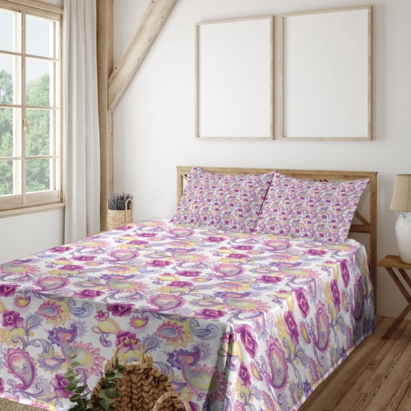 Ambesonne East Fitted & Top Sheet Set with Shams, Watercolor Peonies Art, Magenta Purple Yellow