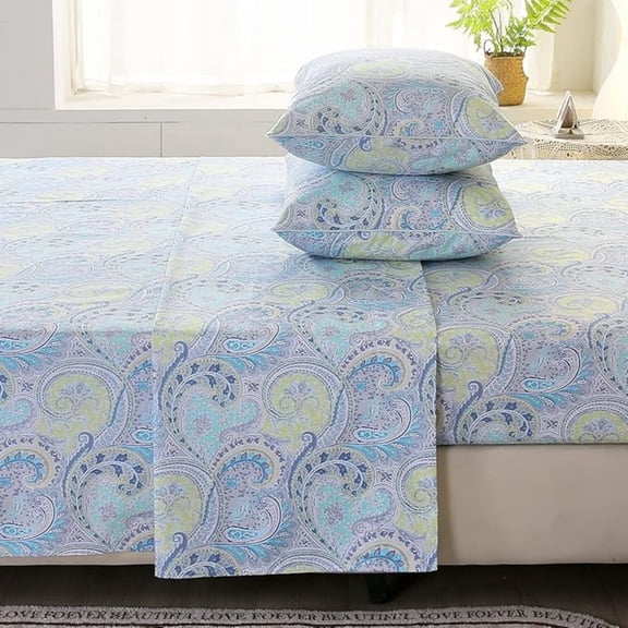 Paisley Sheets Set Queen Size 4Pcs Bohemian Paisley Bedding Sheets Collection Luxury 100% Cotton Sheets Set Silky Smooth & Crisp Bed Linen Set (4pcs, Blue Paisley)
