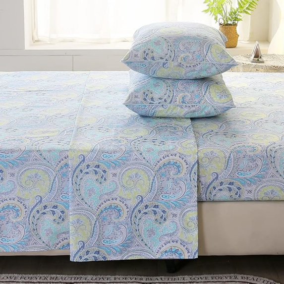 Paisley Sheets Set Queen Size 4Pcs Bohemian Paisley Bedding Sheets Collection Luxury 100% Cotton Sheets Set Silky Smooth & Crisp Bed Linen Set (4pcs, Blue Paisley)