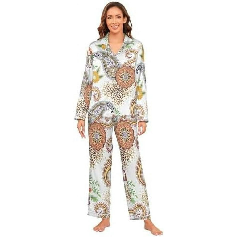 Paisley Silk Satin Pajamas Set 2 Piece Button Down Pjs Womens Long Sleeve Pajama Set