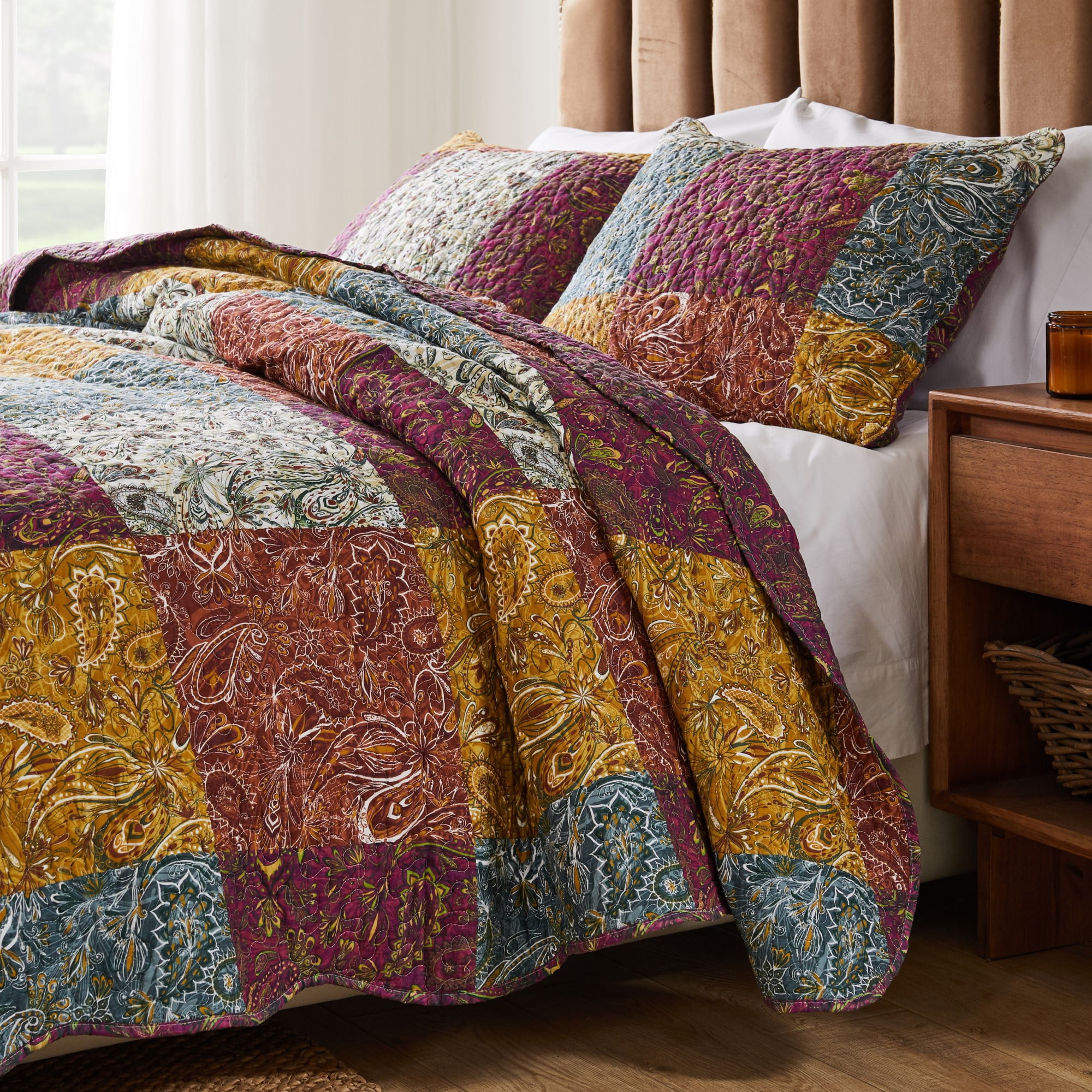 Boho-Chic Twin Reversible Cotton Quilt Set in Multicolor