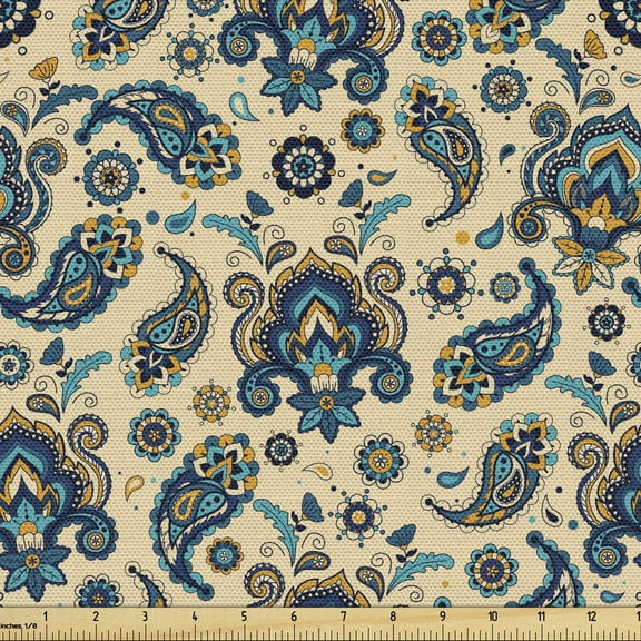 Ambesonne Retro Fabric by the Yard Upholstery, Vintage Colorful Floral, 1 Yard, Yellow Blue Cream