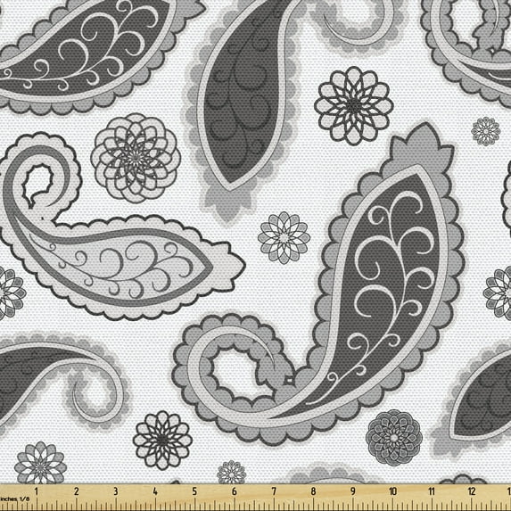 Ambesonne Paisley Fabric by the Yard Upholstery, Oriental Florets Leaf, 10 Yards, Grey and White
