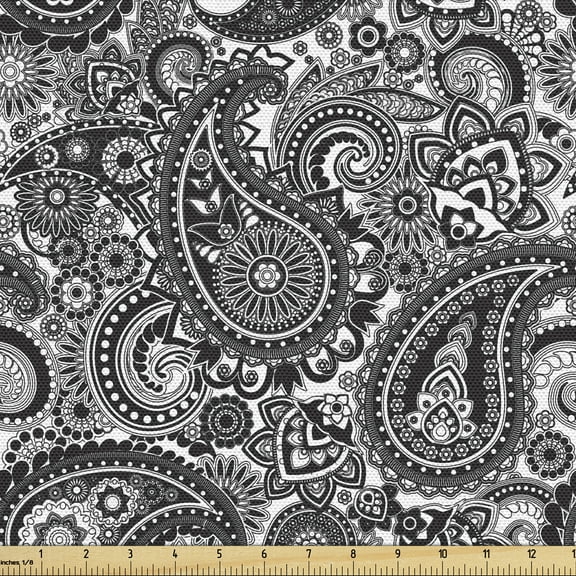 Paisley Sofa Upholstery Fabric by the Yard, Oriental Themed Pattern with Traditional Elements Lace Like Design, Decorative Fabric for DIY & Home Accents, 5 Yards, White and Charcoal Grey by Ambesonne
