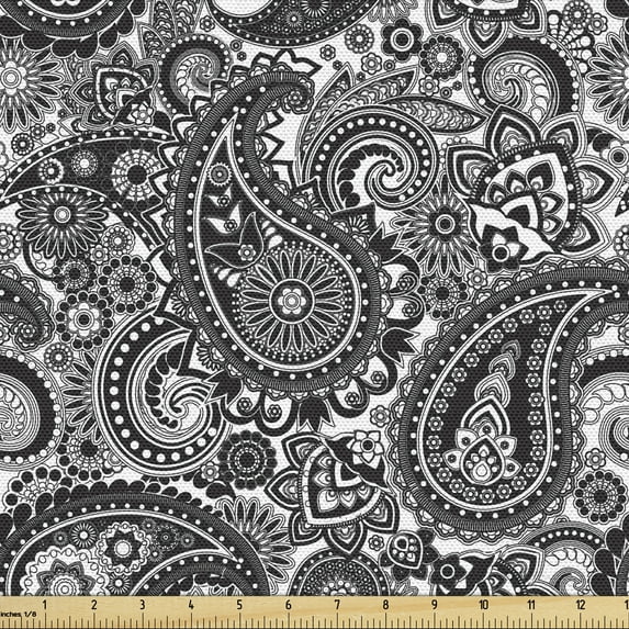 Paisley Sofa Upholstery Fabric by the Yard, Oriental Themed Pattern with Traditional Elements Lace Like Design, Decorative Fabric for DIY & Home Accents, 5 Yards, White and Charcoal Grey by Ambesonne