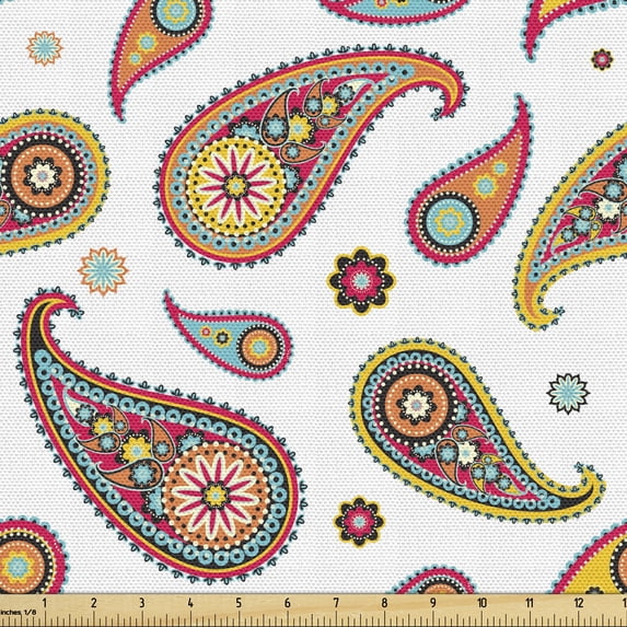 Ambesonne Paisley Fabric by the Yard Upholstery, Vintage Hipie Ethnic, 1 Yard, Multicolor