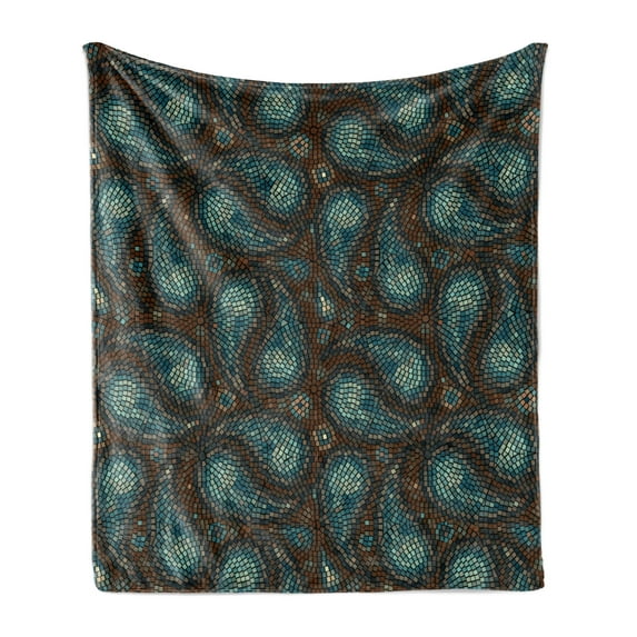 Paisley Soft Flannel Fleece Blanket, Modern Mosaic Like Circled Design with Teardrop Shaped Artwork Print, Cozy Plush for Indoor and Outdoor Use, 70" x 90", Brown Blue and Dark Blue, by Ambesonne