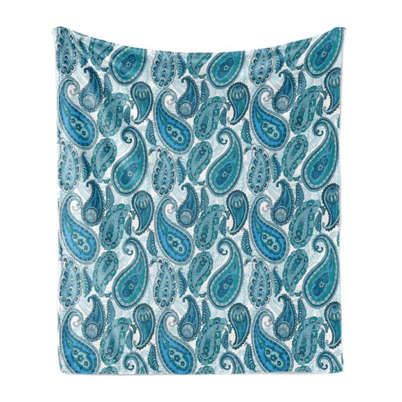 Paisley Soft Flannel Fleece Blanket, Ocean Inspired Design with Stripes and Flowers Abstract Background Image Print, Cozy Plush for Indoor and Outdoor Use, 60" x 80", Blue and White, by Ambesonne