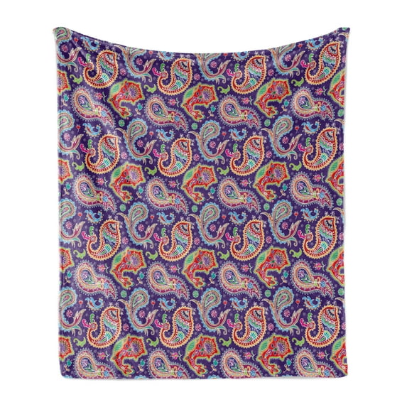 Paisley Soft Flannel Fleece Blanket, Sixties and Seventies Hippie Themed Motives Geometrical and Floral Design Image Print, Cozy Plush for Indoor and Outdoor Use, 50" x 70", Purple, by Ambesonne