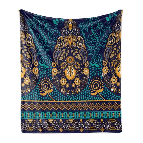 Paisley Soft Flannel Fleece Throw Blanket, Backgrounded Design with the Pattern of Flower Leaves and Dots Image, Cozy Plush for Indoor and Outdoor Use, 60" x 80", Blue Earth Yellow, by Ambesonne