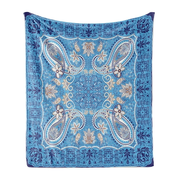 Paisley Soft Flannel Fleece Throw Blanket, Classic Eastern Ornamental Floral Pattern with Framework, Cozy Plush for Indoor and Outdoor Use, 50" x 60", Navy Blue Sky Blue White, by Ambesonne