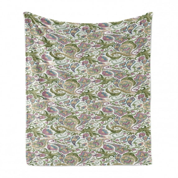 Paisley Soft Flannel Fleece Throw Blanket, Flowers Tulips Leaves and Petals Vintage Boho Design Pattern, Cozy Plush for Indoor and Outdoor Use, 60" x 80", Purple White Green, by Ambesonne