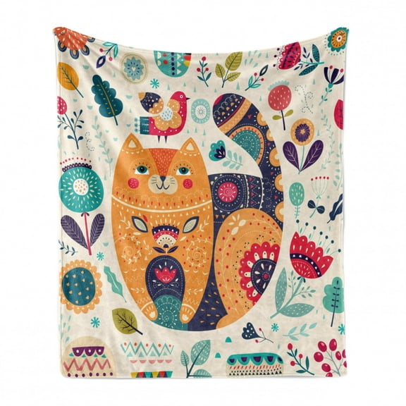 Paisley Soft Flannel Fleece Throw Blanket, Little Smiling Cheek Animal Cat Various Oriental Leaf Flower Artwork, Cozy Plush for Indoor and Outdoor Use, 70" x 90", Multicolor, by Ambesonne