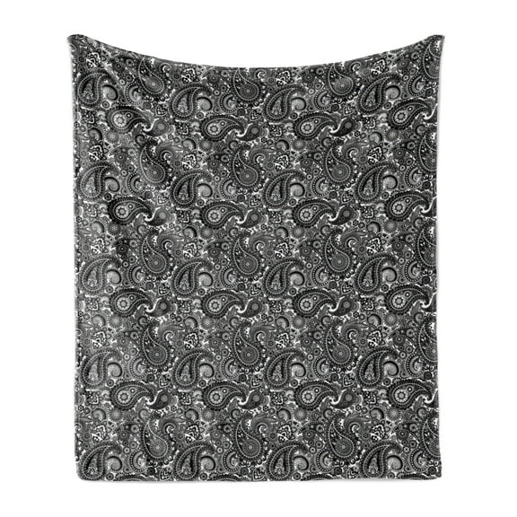 Paisley Soft Flannel Fleece Throw Blanket, Oriental Themed Pattern with Traditional Elements Lace Like Design, Cozy Plush for Indoor and Outdoor Use, 50" x 60", White and Charcoal Grey, by Ambesonne