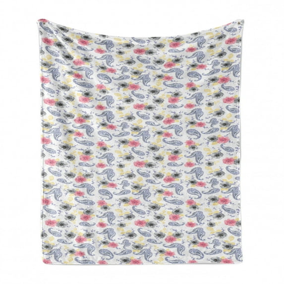 Paisley Soft Flannel Fleece Throw Blanket, Pink and Grey Flowers Leaves Wildflowers Watercolor Floral Pattern, Cozy Plush for Indoor and Outdoor Use, 70" x 90", Yellow White Grey, by Ambesonne