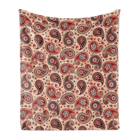 Paisley Soft Flannel Fleece Throw Blanket, Romantic Style Motifs Illustration Print on Pastel Tone Backdrop, Cozy Plush for Indoor and Outdoor Use, 60" x 80", Peach Charcoal Grey, by Ambesonne