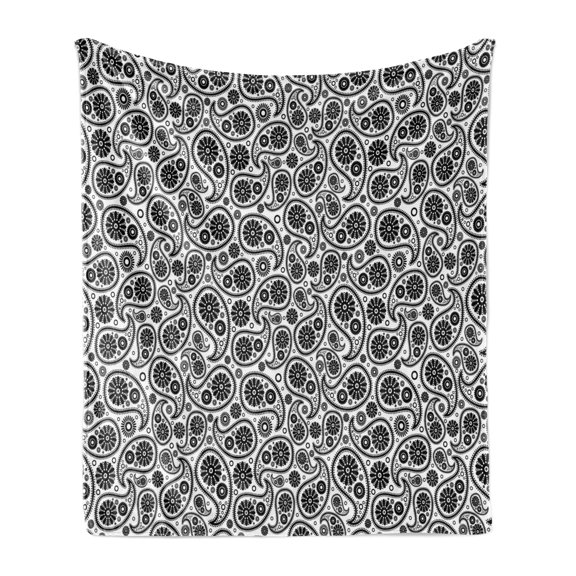 Paisley Soft Flannel Fleece Throw Blanket, Sixties Themed Design with Floral Geometrical Details Circle Backgrounded, Cozy Plush for Indoor and Outdoor Use, 60" x 80", Black and White, by Ambesonne