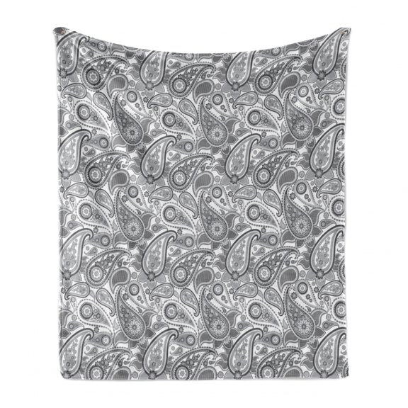 Paisley Soft Flannel Fleece Throw Blanket, Soft Digital Traditional Persian Ornate Leaf with Stripes Tracery Image, Cozy Plush for Indoor and Outdoor Use, 50" x 60", Grey and White, by Ambesonne